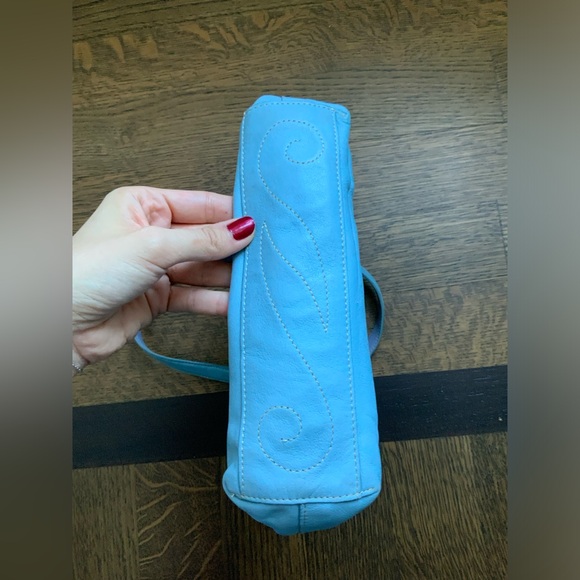 Vintage BRIGHTON Blue Smooth Leather Heart Stitched Small Tote Purse Romantic - Picture 11 of 16